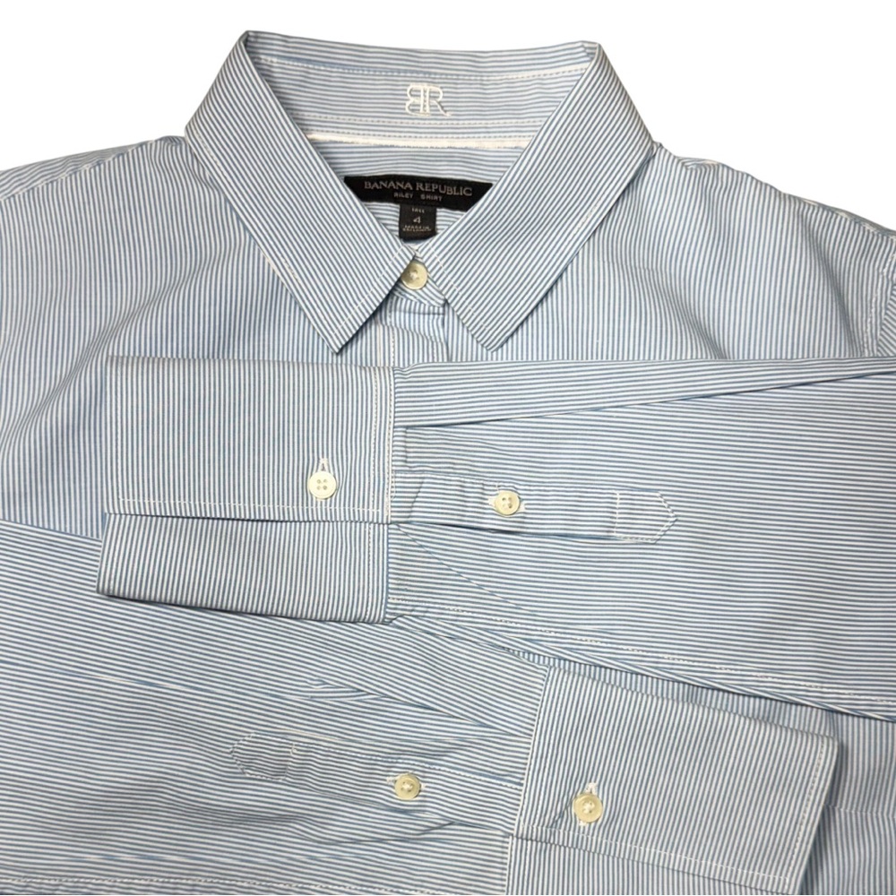 Banana Republic Riley Blue & White Striped Cotton Button Down Shirt Size 4 Tall - Picture 3 of 14
